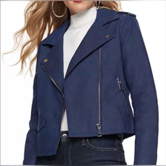 Nine West Navy Blue Moto Edge faux leather Jacket  S zip pockets asymmetrical - Picture 1 of 16